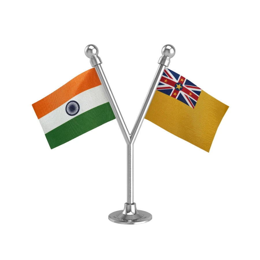 India & Niue Dual Car Dashboard Flag of 2in x 3in With A Plastic Base