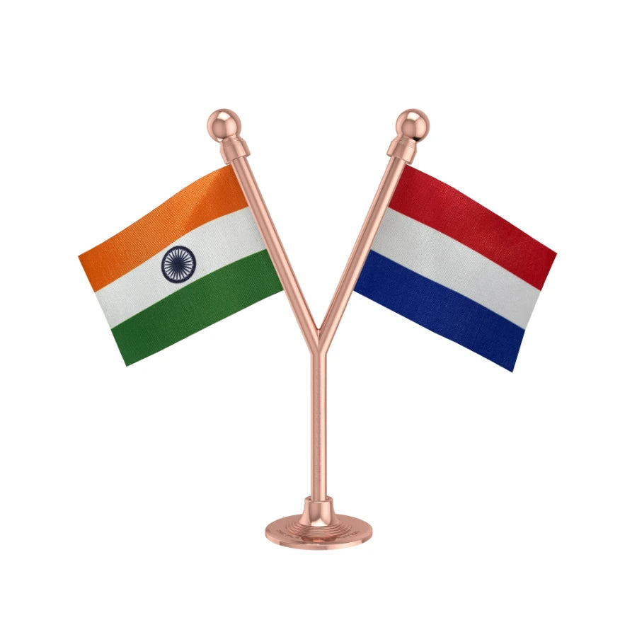 India & Netherlands Dual Car Dashboard Flag of 2in x 3in With A Plastic Base