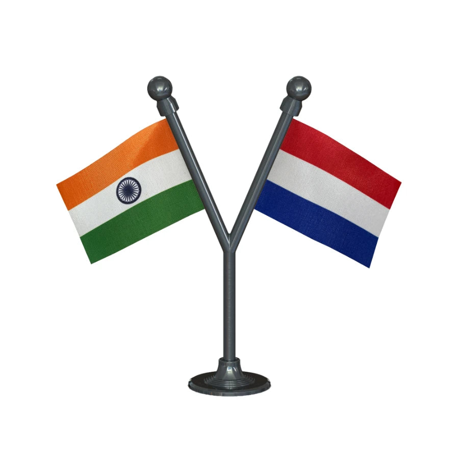 India & Netherlands Dual Car Dashboard Flag of 2in x 3in With A Plastic Base