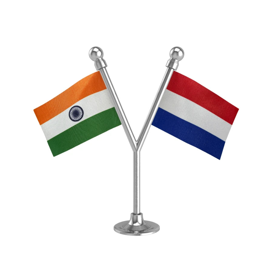 India & Netherlands Dual Car Dashboard Flag of 2in x 3in With A Plastic Base