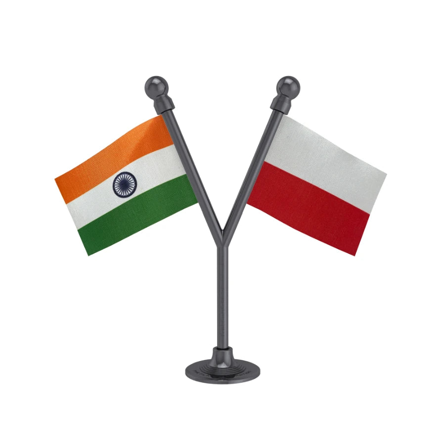 India & Poland Dual Car Dashboard Flag of 2in x 3in With A Plastic Base