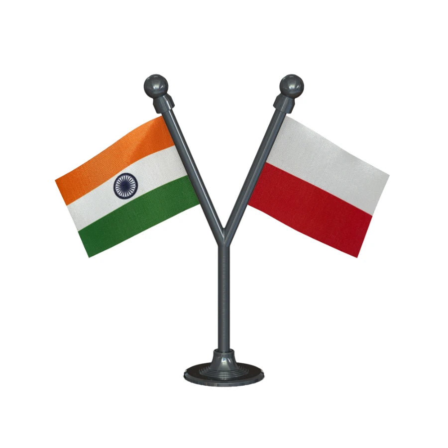 India & Poland Dual Car Dashboard Flag of 2in x 3in With A Plastic Base
