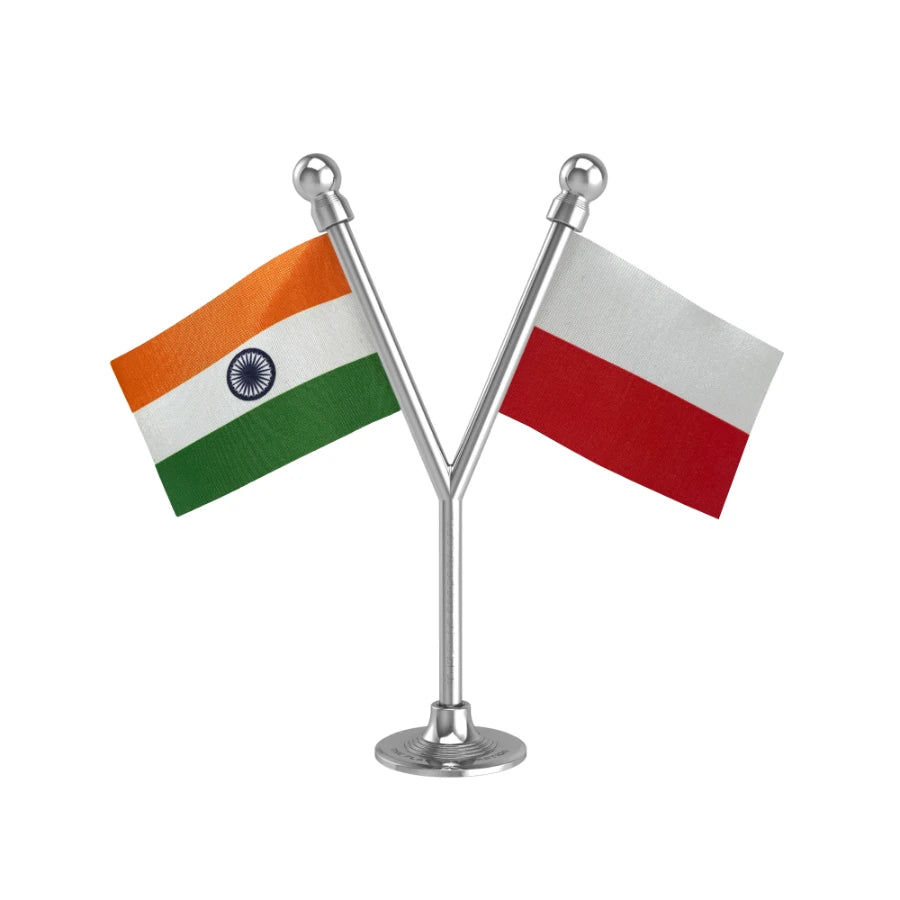 India & Poland Dual Car Dashboard Flag of 2in x 3in With A Plastic Base