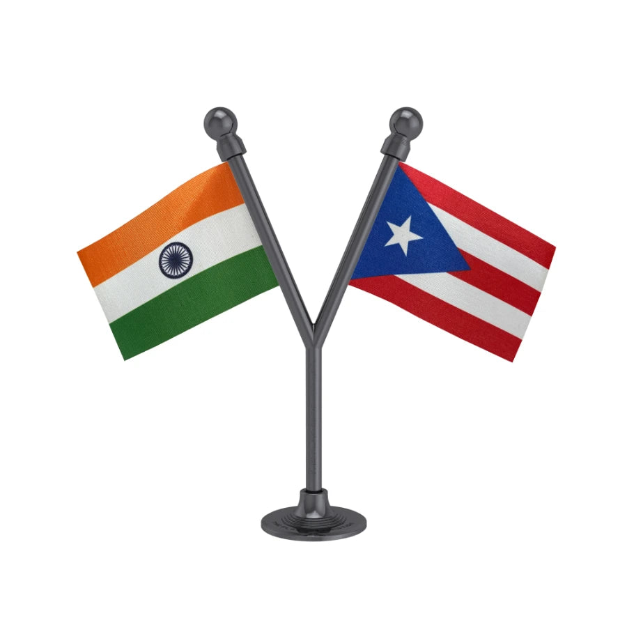 India & Puerto Rico Dual Car Dashboard Flag of 2in x 3in With A Plastic Base