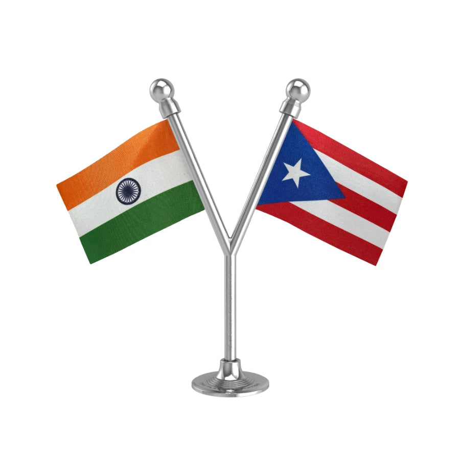 India & Puerto Rico Dual Car Dashboard Flag of 2in x 3in With A Plastic Base