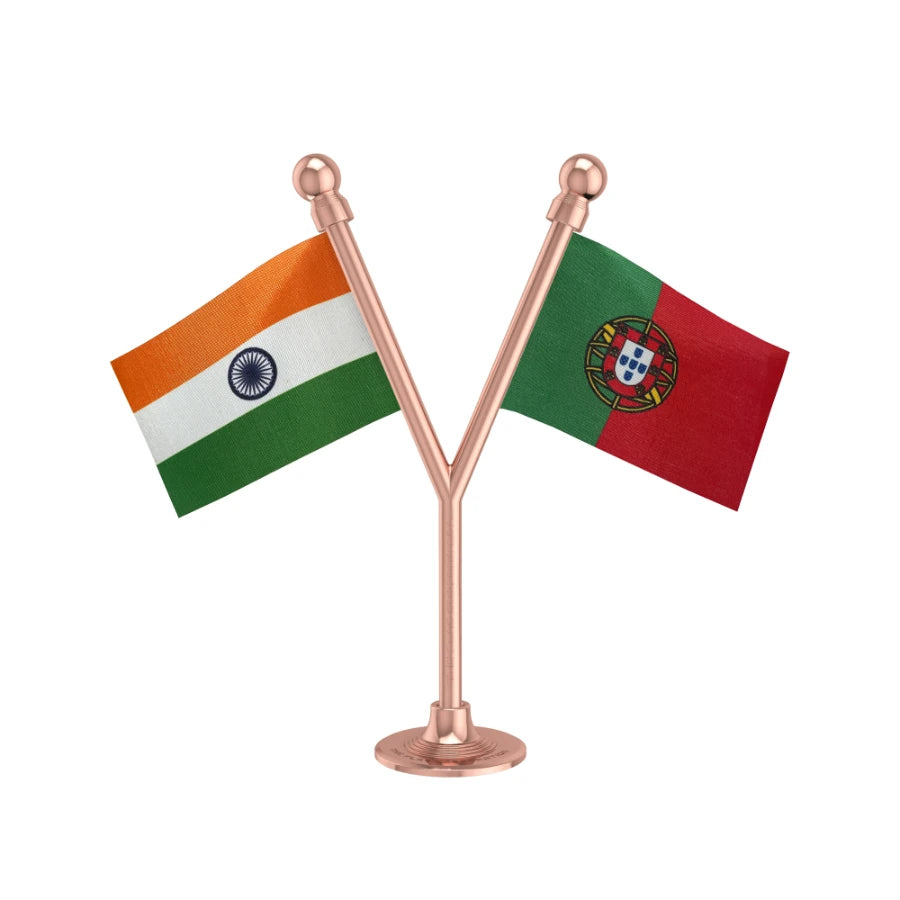 India & Portugal Dual Car Dashboard Flag of 2in x 3in With A Plastic Base