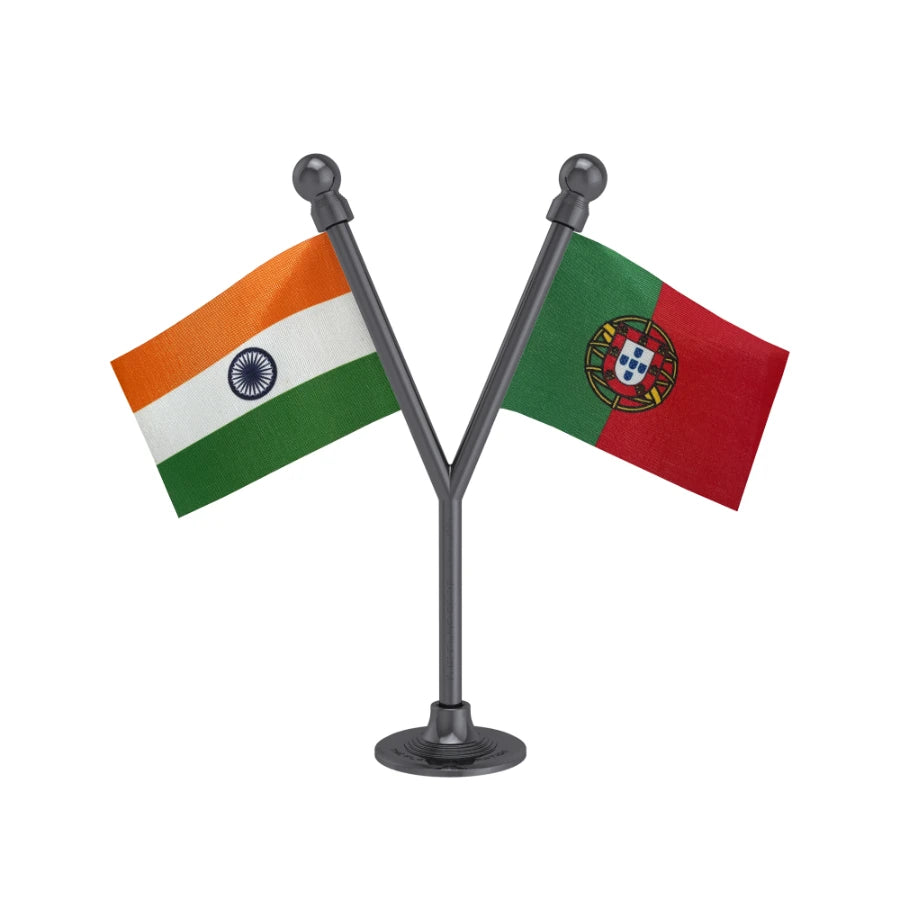 India & Portugal Dual Car Dashboard Flag of 2in x 3in With A Plastic Base