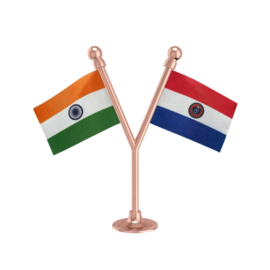 India & Paraguay Dual Car Dashboard Flag of 2in x 3in With A Plastic Base