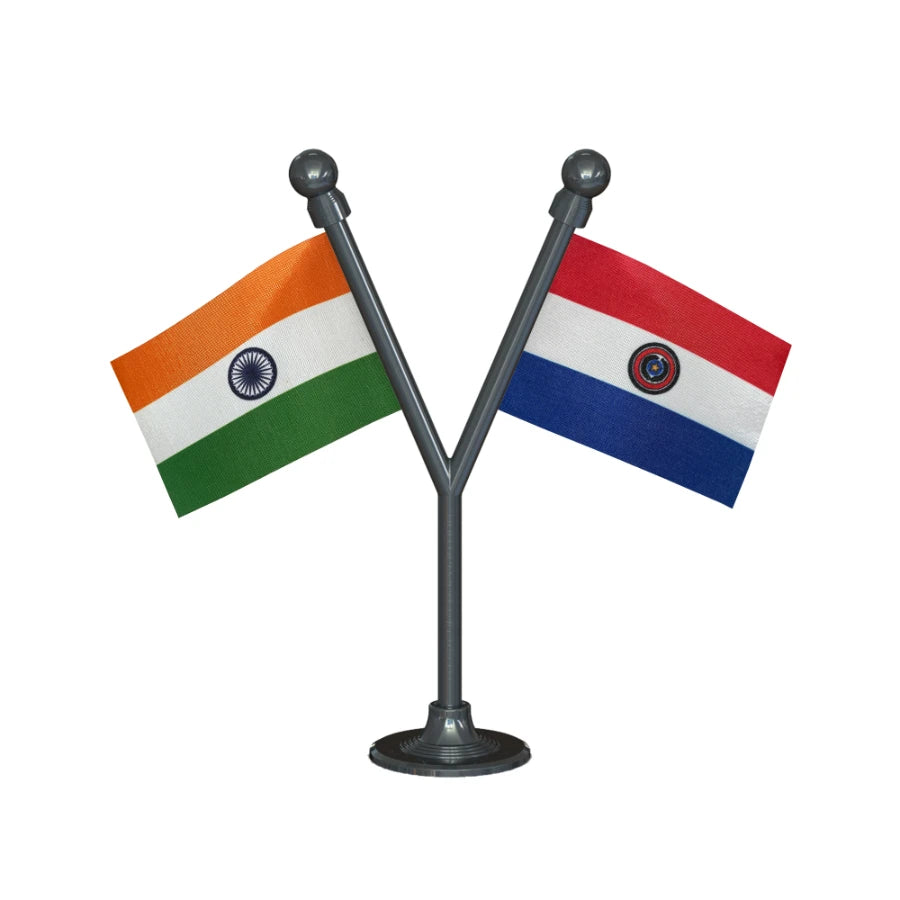 India & Paraguay Dual Car Dashboard Flag of 2in x 3in With A Plastic Base