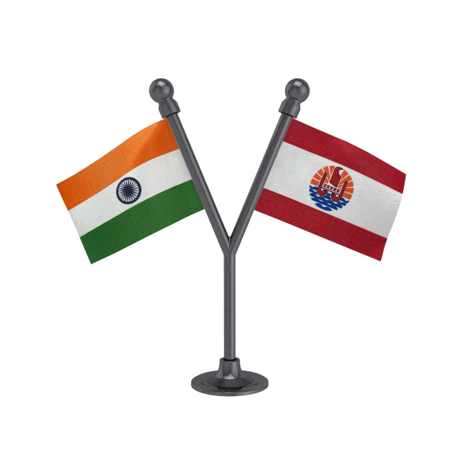 India & French Polynesia Dual Car Dashboard Flag of 2in x 3in With A Plastic Base
