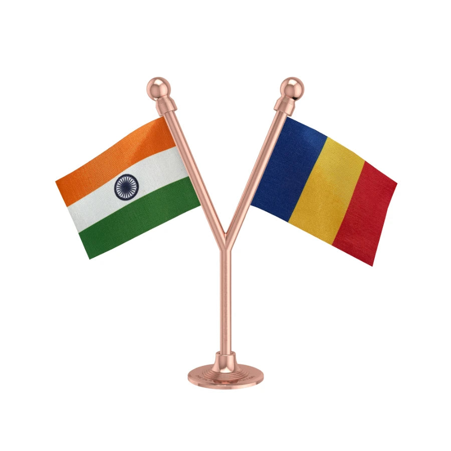 India & Romania Dual Car Dashboard Flag of 2in x 3in With A Plastic Base