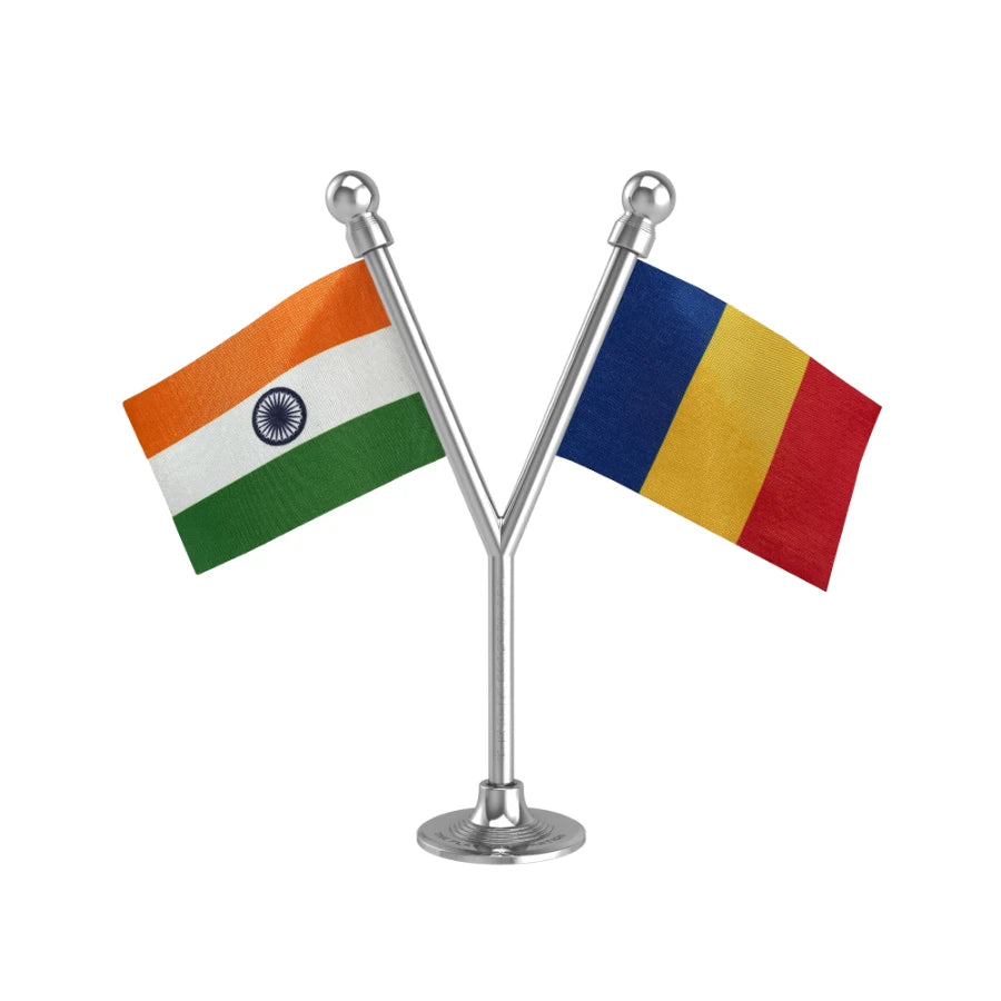 India & Romania Dual Car Dashboard Flag of 2in x 3in With A Plastic Base