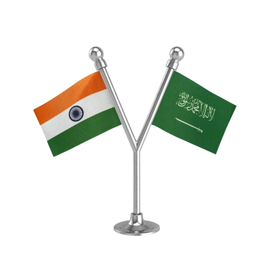 India & Saudi Arabia Dual Car Dashboard Flag of 2in x 3in With A Plastic Base
