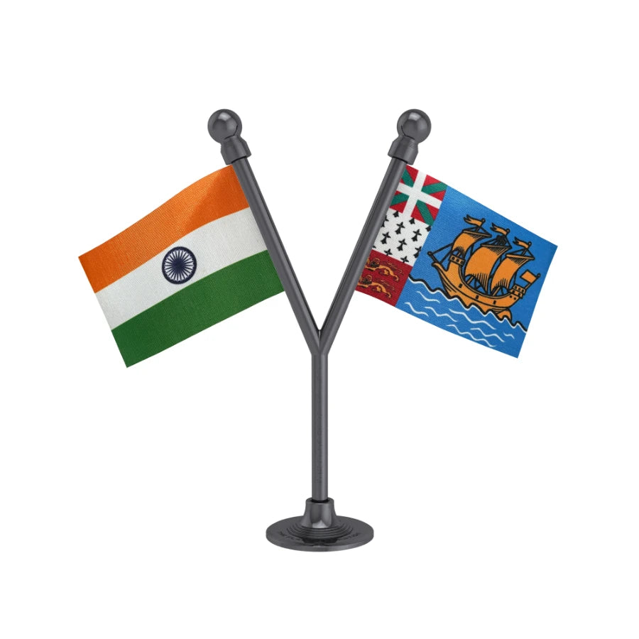 India & Saint Pierre & Miquelon Dual Car Dashboard Flag of 2in x 3in With A Plastic Base