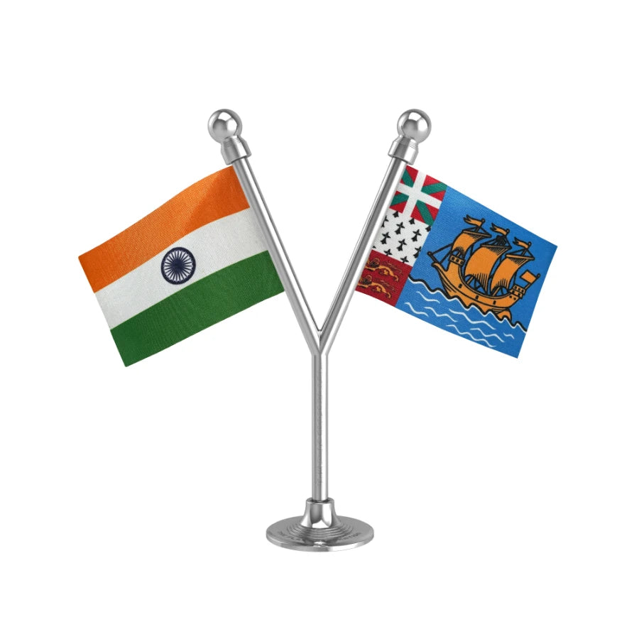 India & Saint Pierre & Miquelon Dual Car Dashboard Flag of 2in x 3in With A Plastic Base