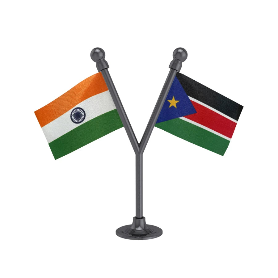 India & South Sudan Dual Car Dashboard Flag of 2in x 3in With A Plastic Base