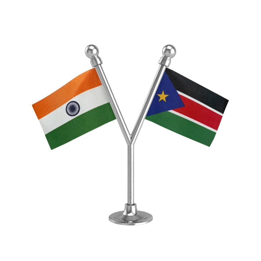 India & South Sudan Dual Car Dashboard Flag of 2in x 3in With A Plastic Base