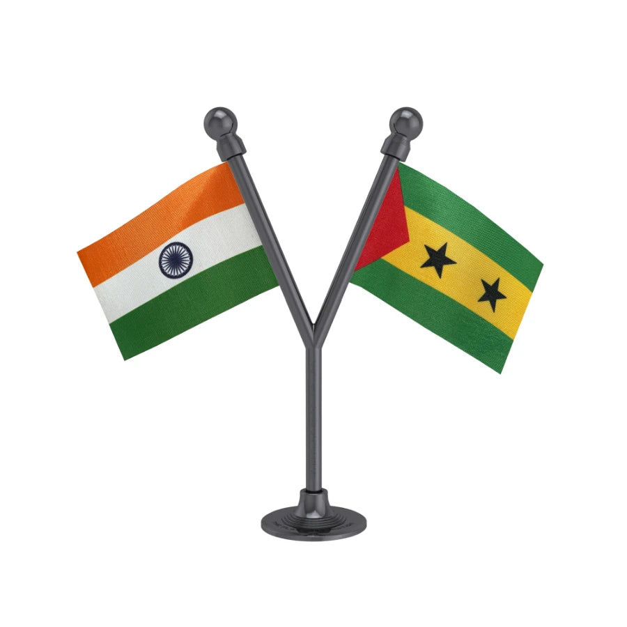 India & Sao Tome & Principe Car Dashboard Flag of 2in x 3in With A Plastic Base