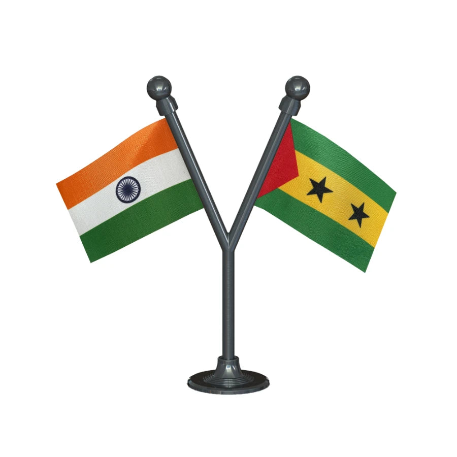 India & Sao Tome & Principe Car Dashboard Flag of 2in x 3in With A Plastic Base
