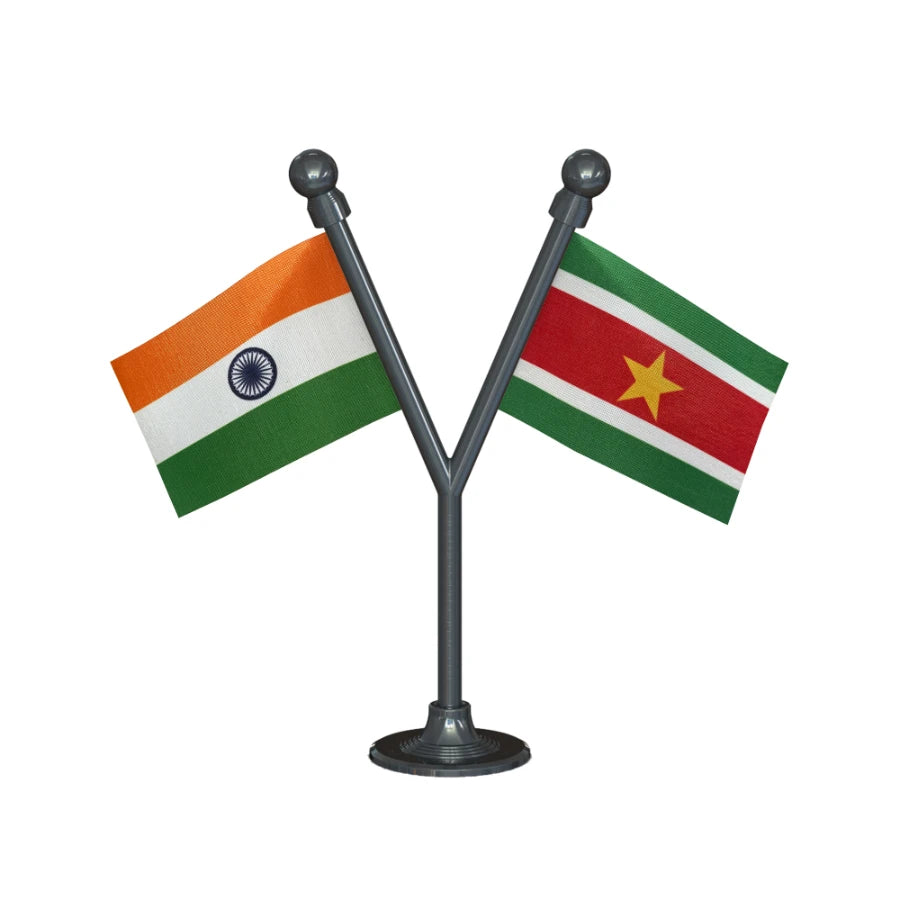 India & Suriname Dual Car Dashboard Flag of 2in x 3in With A Plastic Base