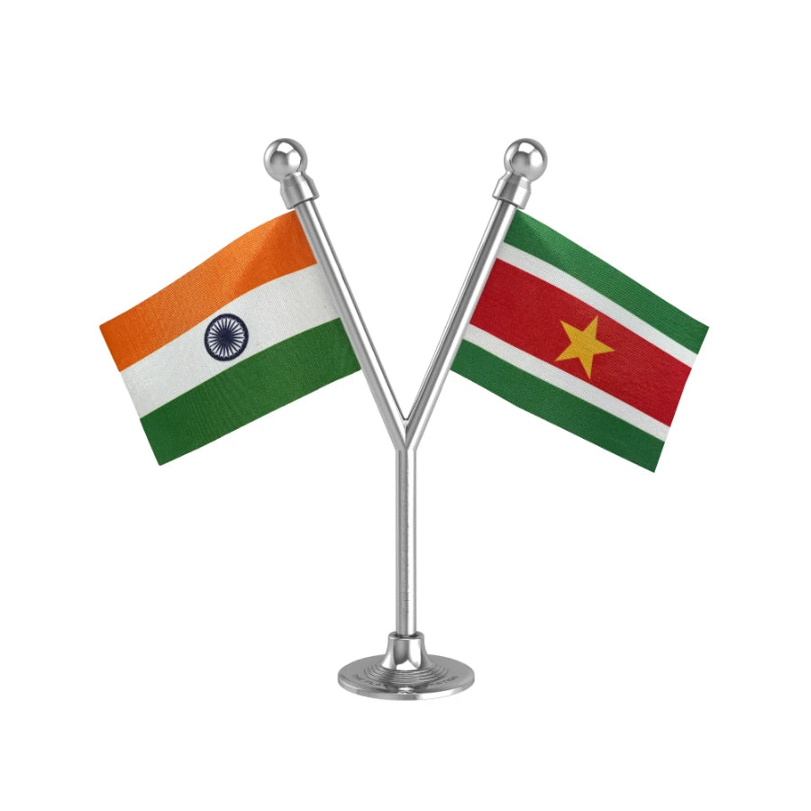 India & Suriname Dual Car Dashboard Flag of 2in x 3in With A Plastic Base