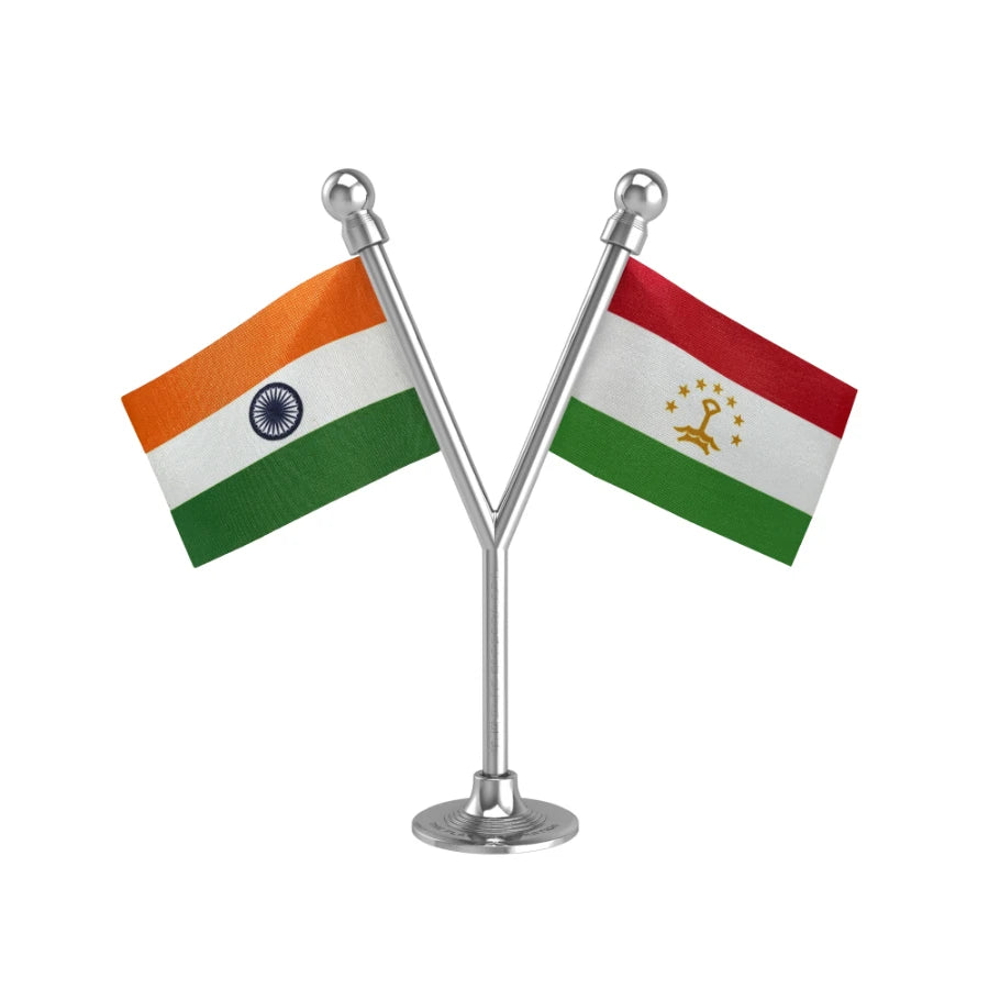 India & Tajikistan Dual Car Dashboard Flag of 2in x 3in With A Plastic Base