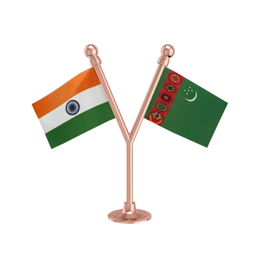 India & Turkmenistan Dual Car Dashboard Flag of 2in x 3in With A Plastic Base