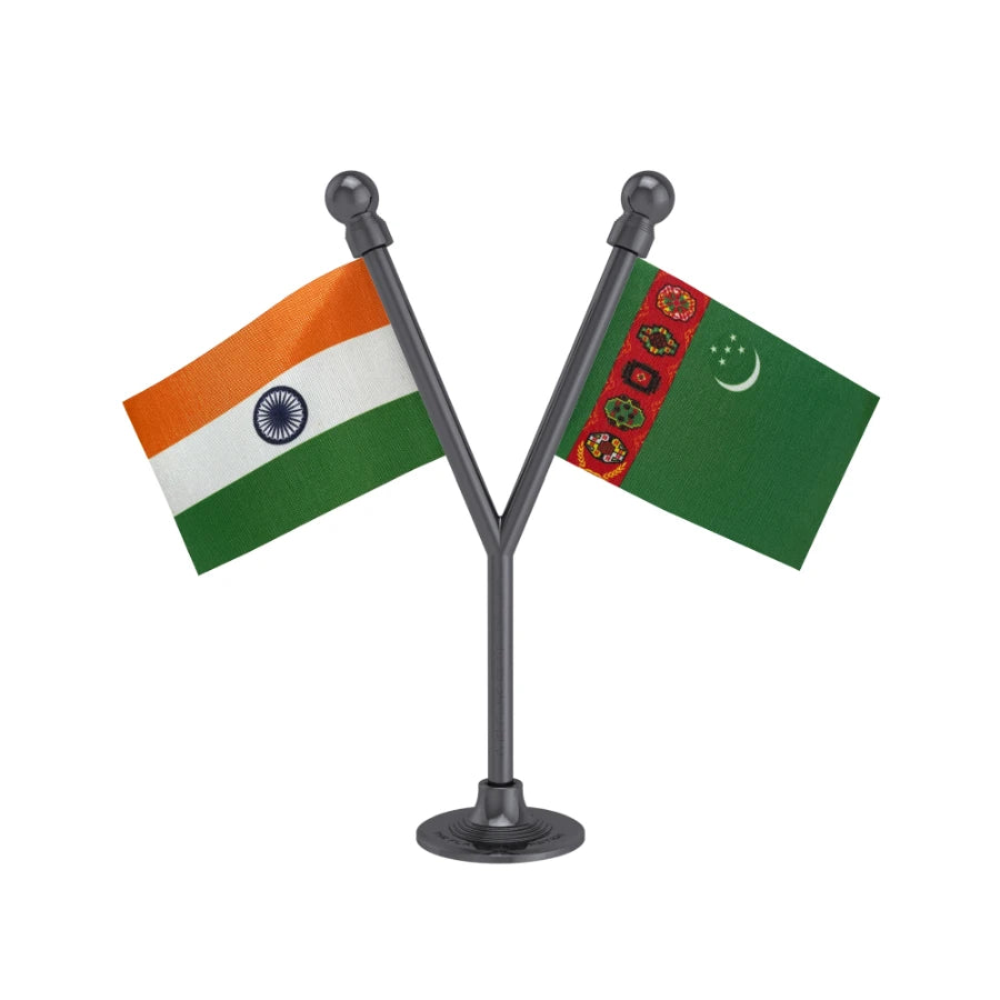 India & Turkmenistan Dual Car Dashboard Flag of 2in x 3in With A Plastic Base