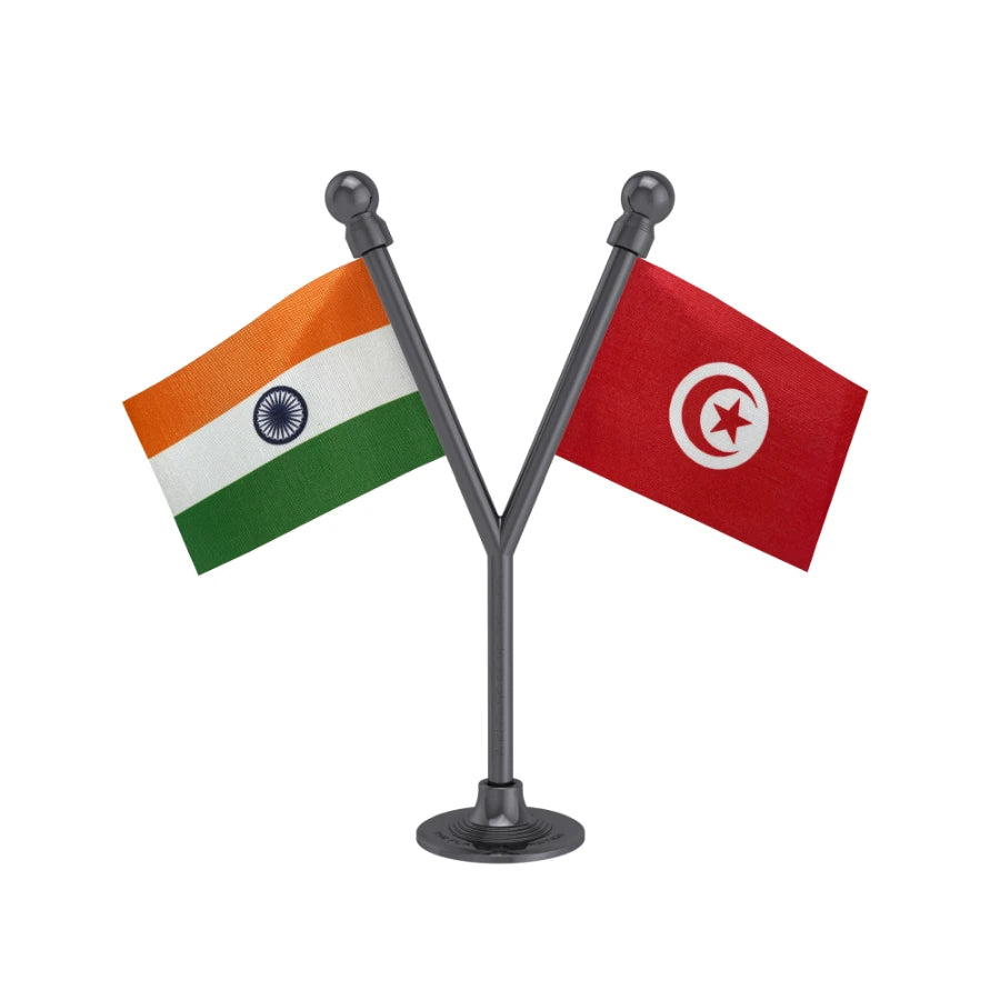 India & Tunisia Dual Car Dashboard Flag of 2in x 3in With A Plastic Base