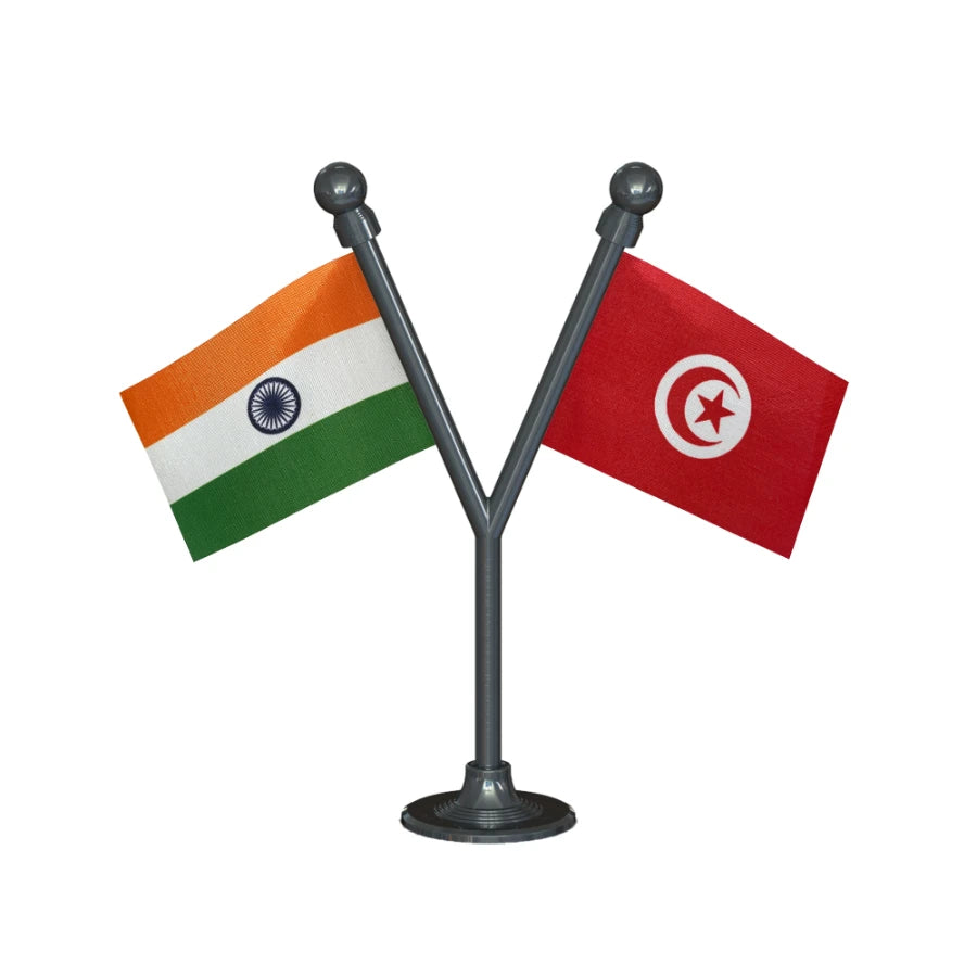 India & Tunisia Dual Car Dashboard Flag of 2in x 3in With A Plastic Base