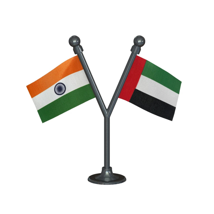 India & United Arab Emirates (UAE) Dual Car Dashboard Flag of 2in x 3in With A Plastic Base