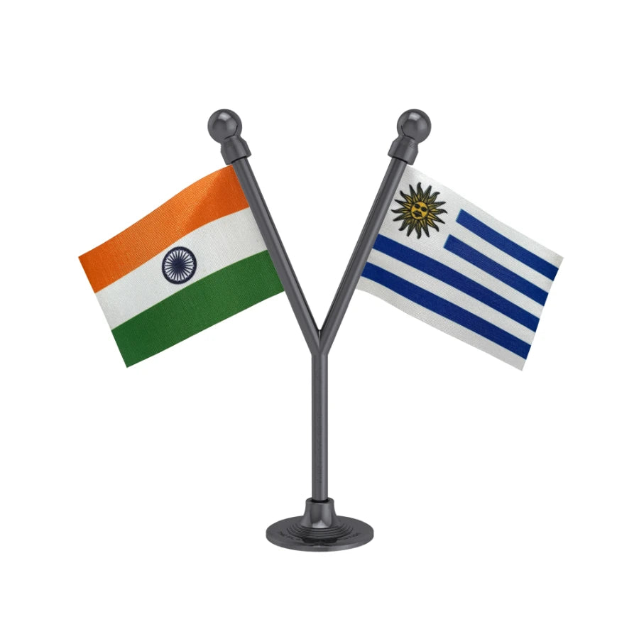 India & Uruguay Dual Car Dashboard Flag of 2in x 3in With A Plastic Base