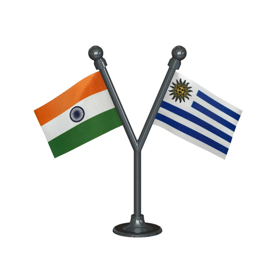 India & Uruguay Dual Car Dashboard Flag of 2in x 3in With A Plastic Base