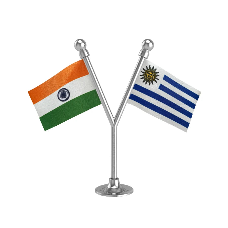 India & Uruguay Dual Car Dashboard Flag of 2in x 3in With A Plastic Base