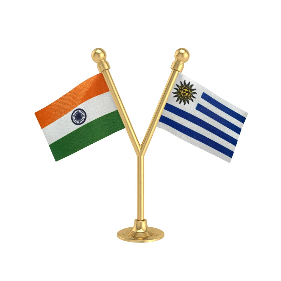 India & Uruguay Dual Car Dashboard Flag of 2in x 3in With A Plastic Base