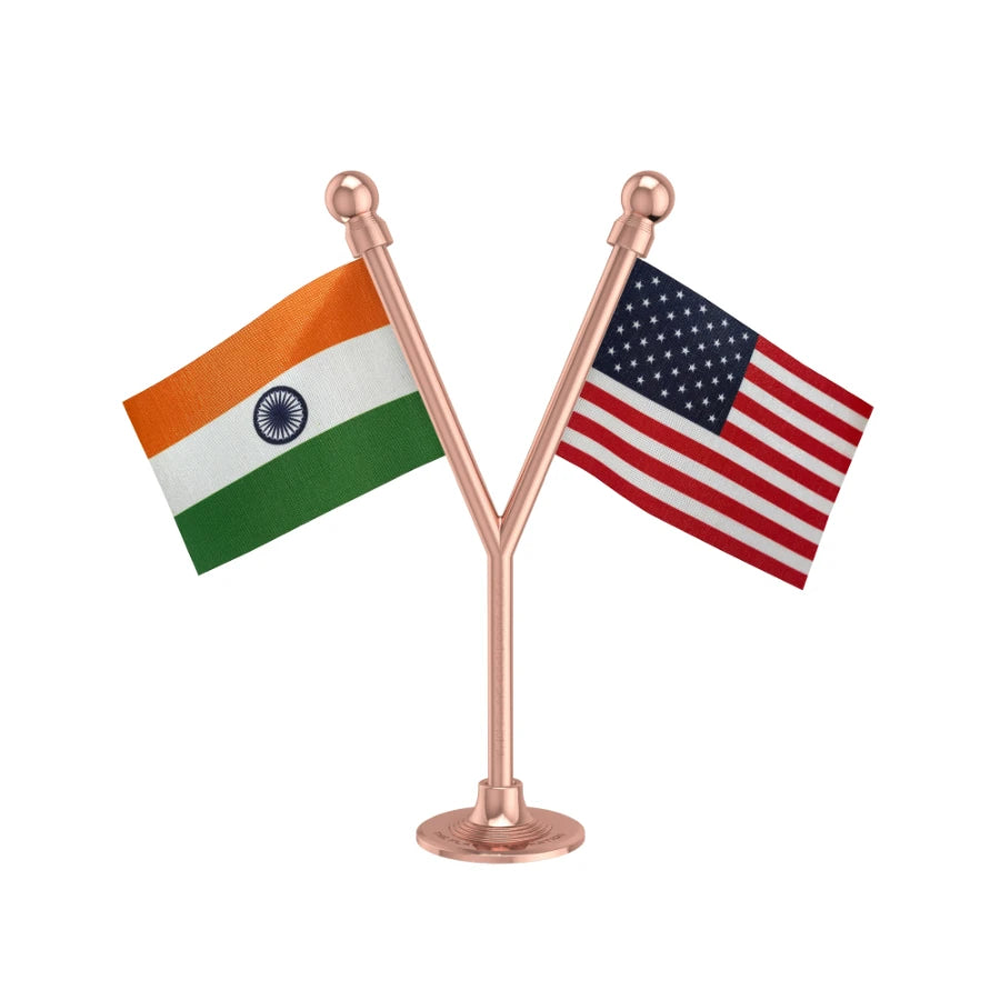 India & USA United States of America Dual Car Dashboard Flag of 2in x 3in With A Plastic Base