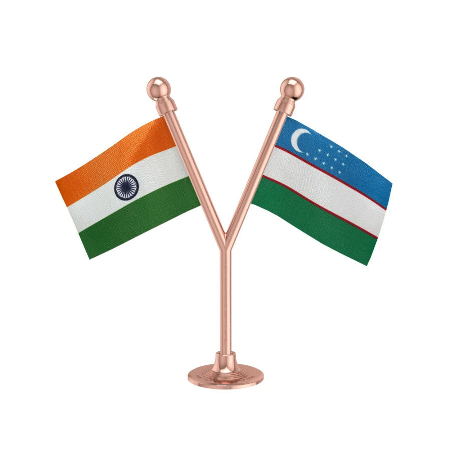 India & Uzbekistan Dual Car Dashboard Flag of 2in x 3in With A Plastic Base