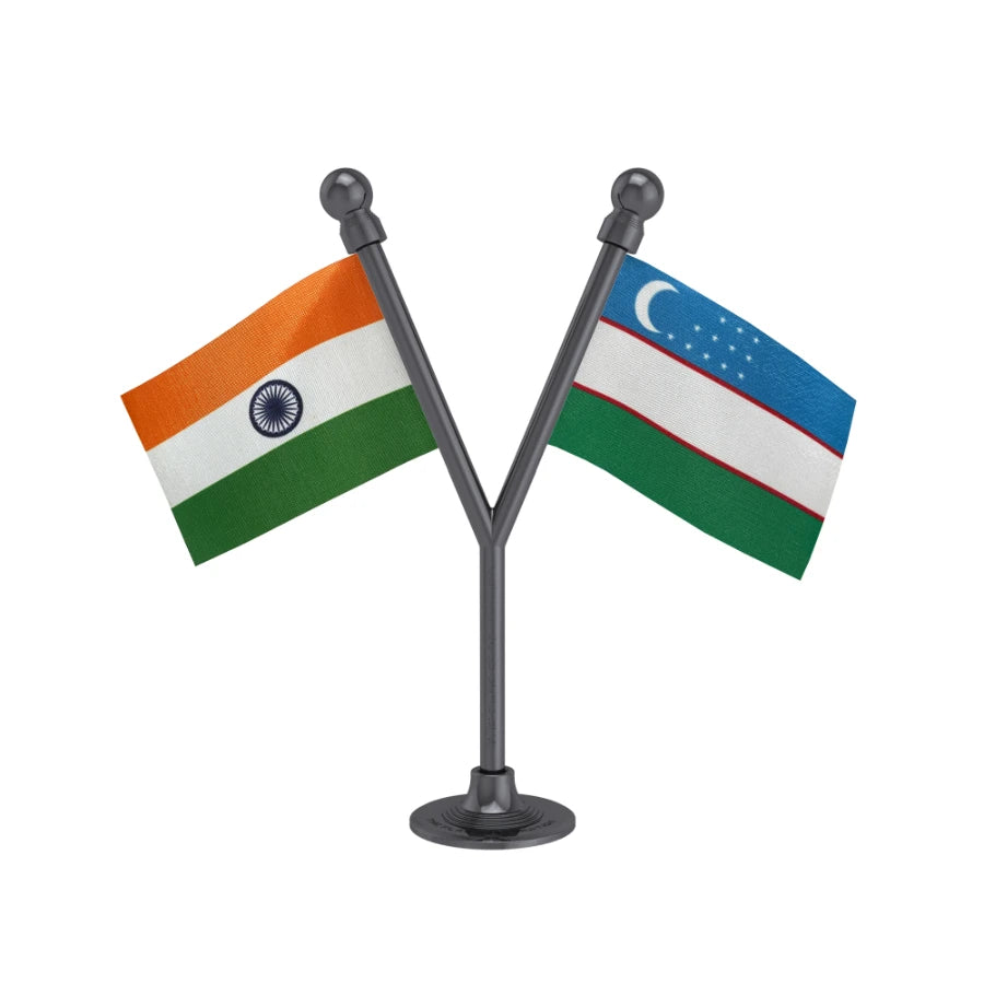 India & Uzbekistan Dual Car Dashboard Flag of 2in x 3in With A Plastic Base