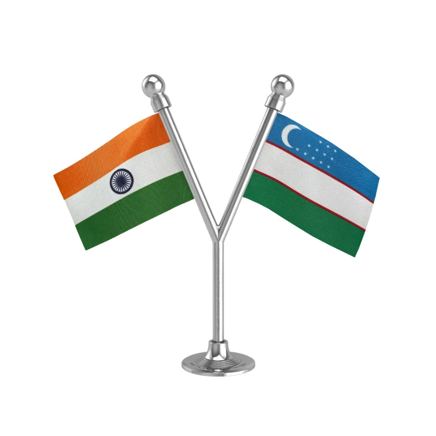 India & Uzbekistan Dual Car Dashboard Flag of 2in x 3in With A Plastic Base