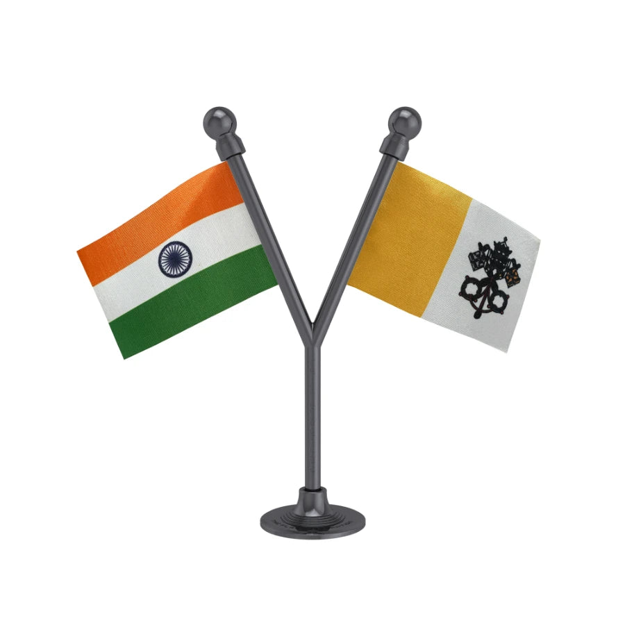 India & Holy See (Vatican) Dual Car Dashboard Flag of 2in x 3in With A Plastic Base