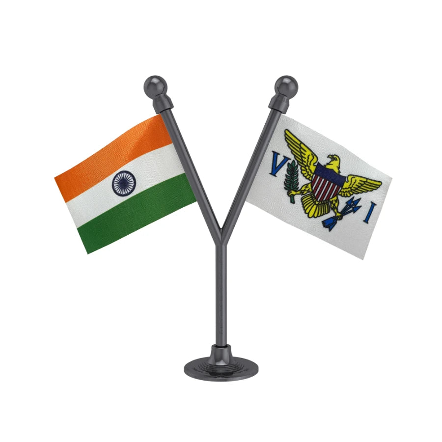 India & US Virgin Islands Dual Car Dashboard Flag of 2in x 3in With A Plastic Base