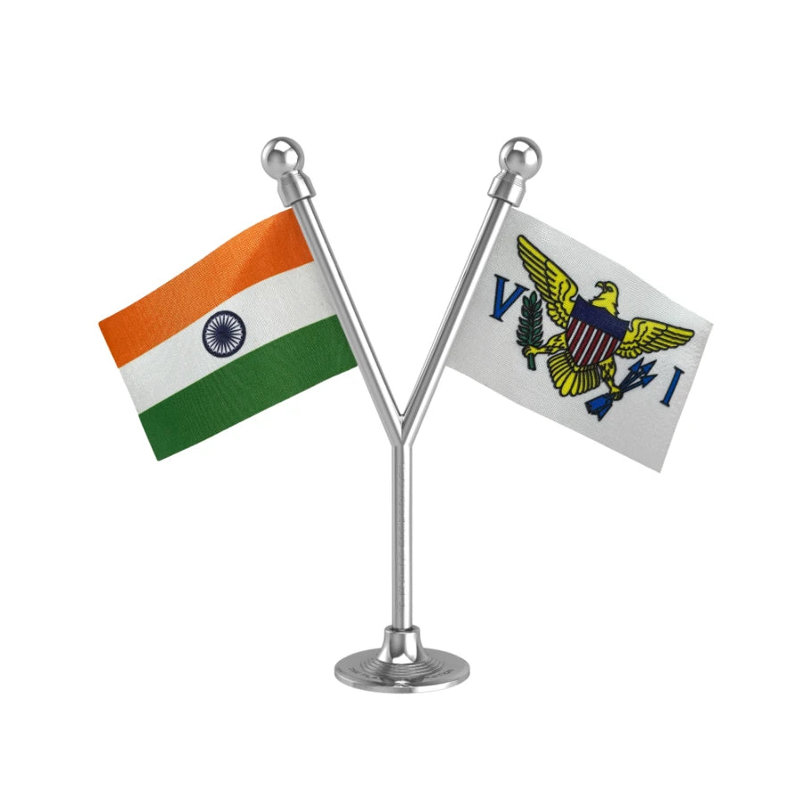 India & US Virgin Islands Dual Car Dashboard Flag of 2in x 3in With A Plastic Base