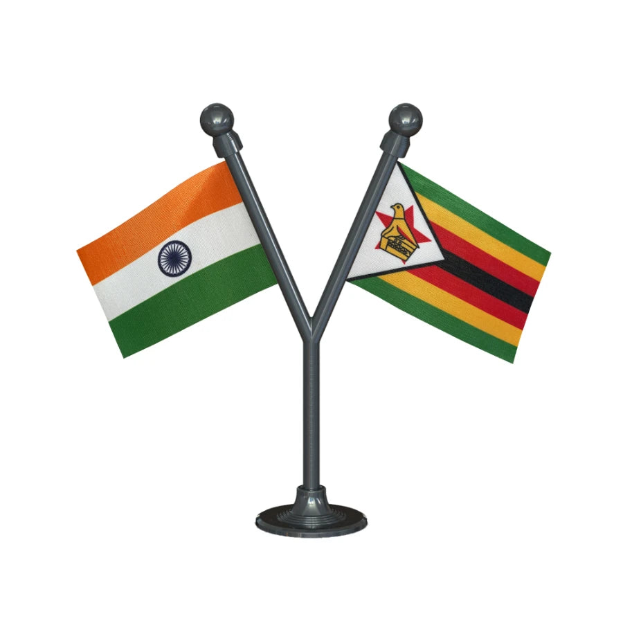 India & Zimbabwe Dual Car Dashboard Flag of 2in x 3in With A Plastic Base