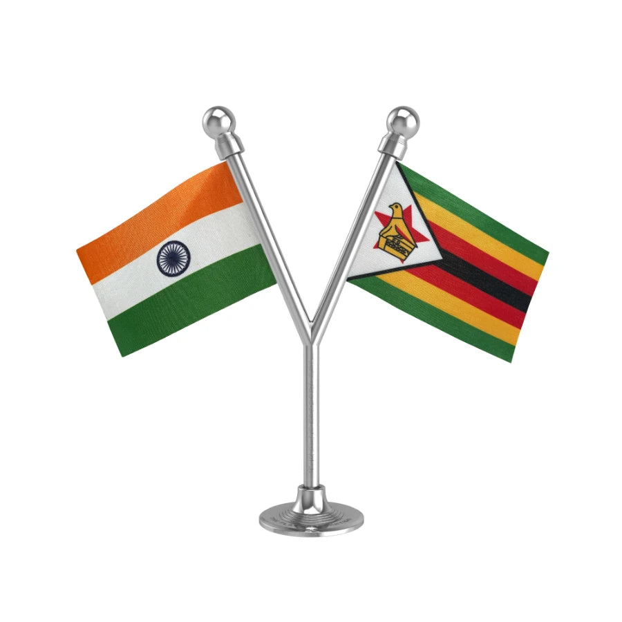 India & Zimbabwe Dual Car Dashboard Flag of 2in x 3in With A Plastic Base
