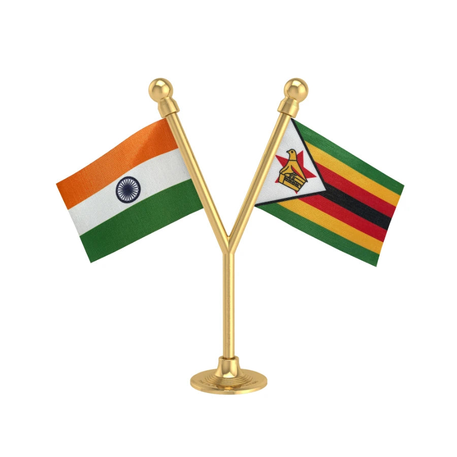 India & Zimbabwe Dual Car Dashboard Flag of 2in x 3in With A Plastic Base