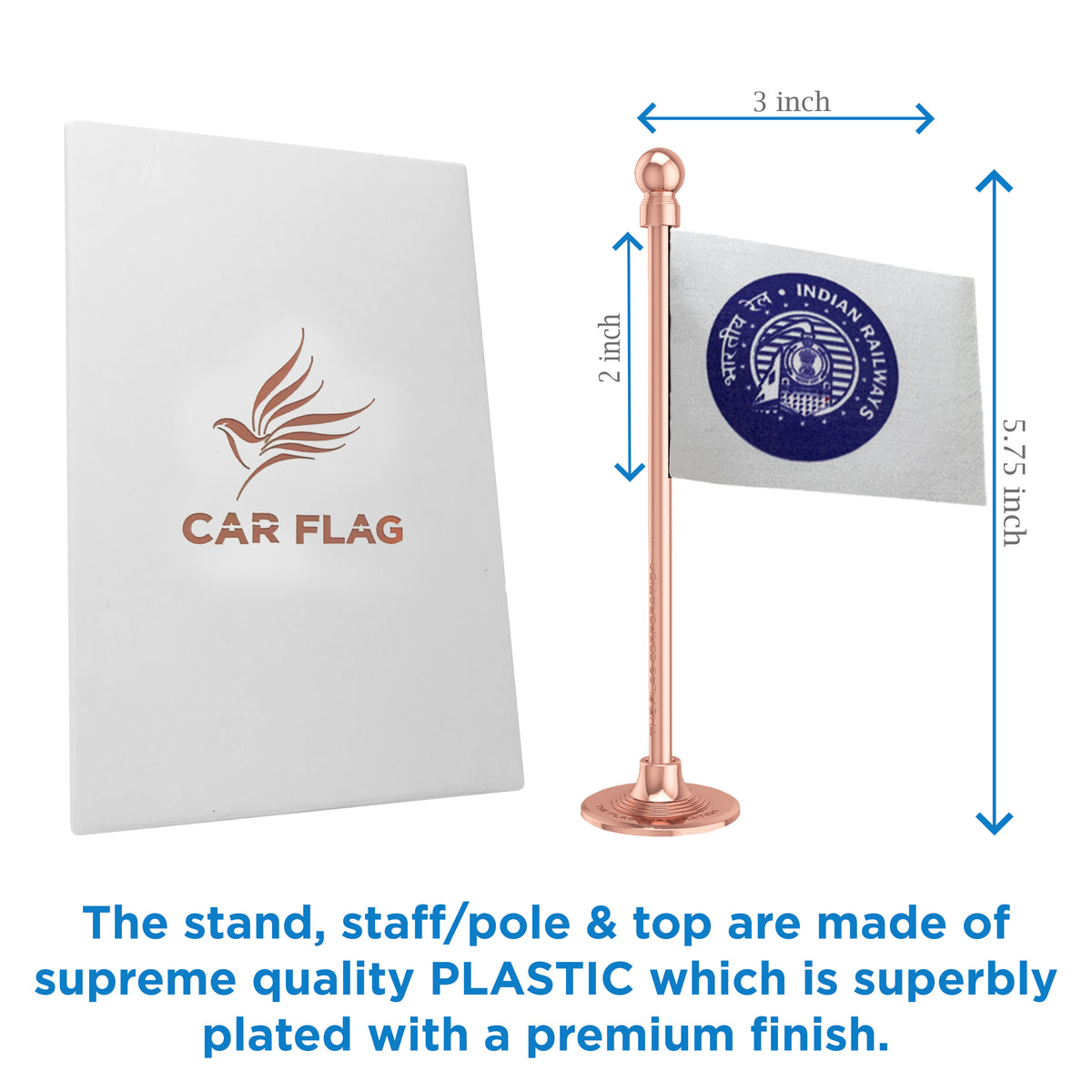 Indian Railways Blue Car Dashboard Flag of 2in x 3in With A Steel or Plastic Base