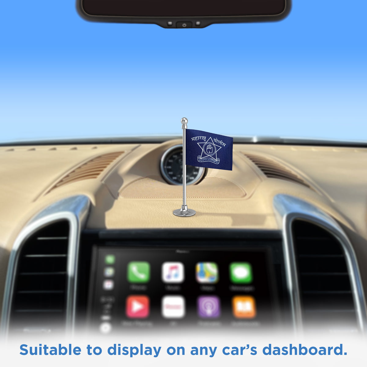 Maharashtra Police Car Dashboard Flag of 2in x 3in With A Steel or Plastic Base