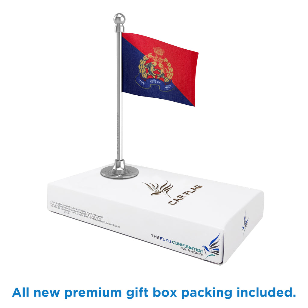 Uttar Pradesh Police Car Dashboard Flag of 2in x 3in With A Steel or Plastic Base