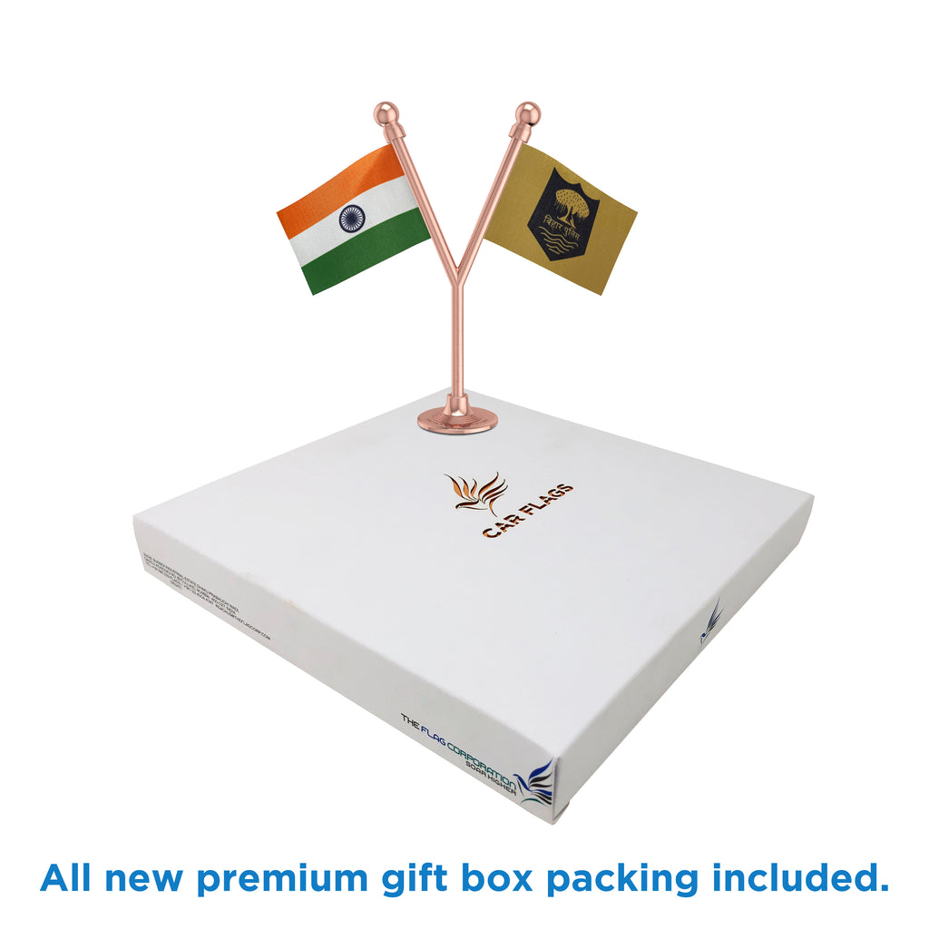 India & Bihar Police Car Dashboard Flag of 2in x 3in With A Plastic Base