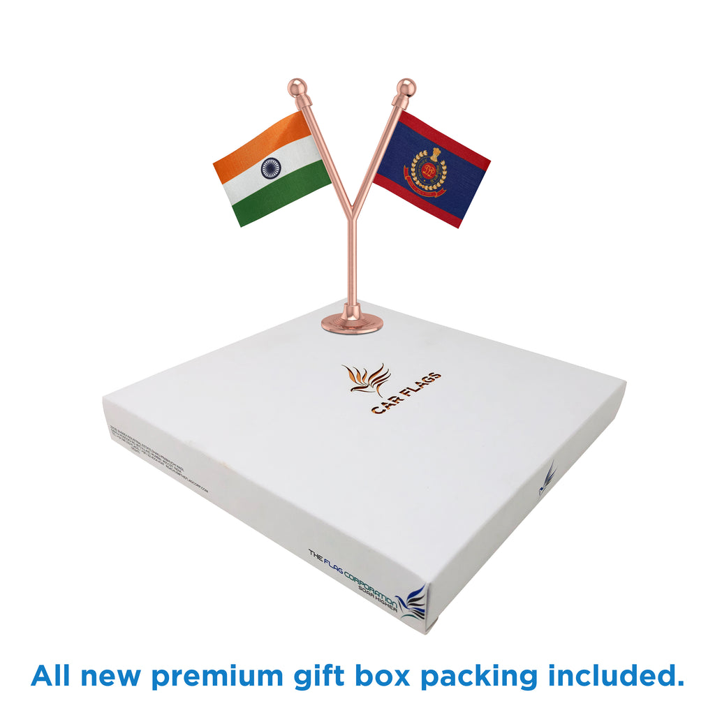 India & Delhi Police Car Dashboard Flag of 2in x 3in With A Plastic Base